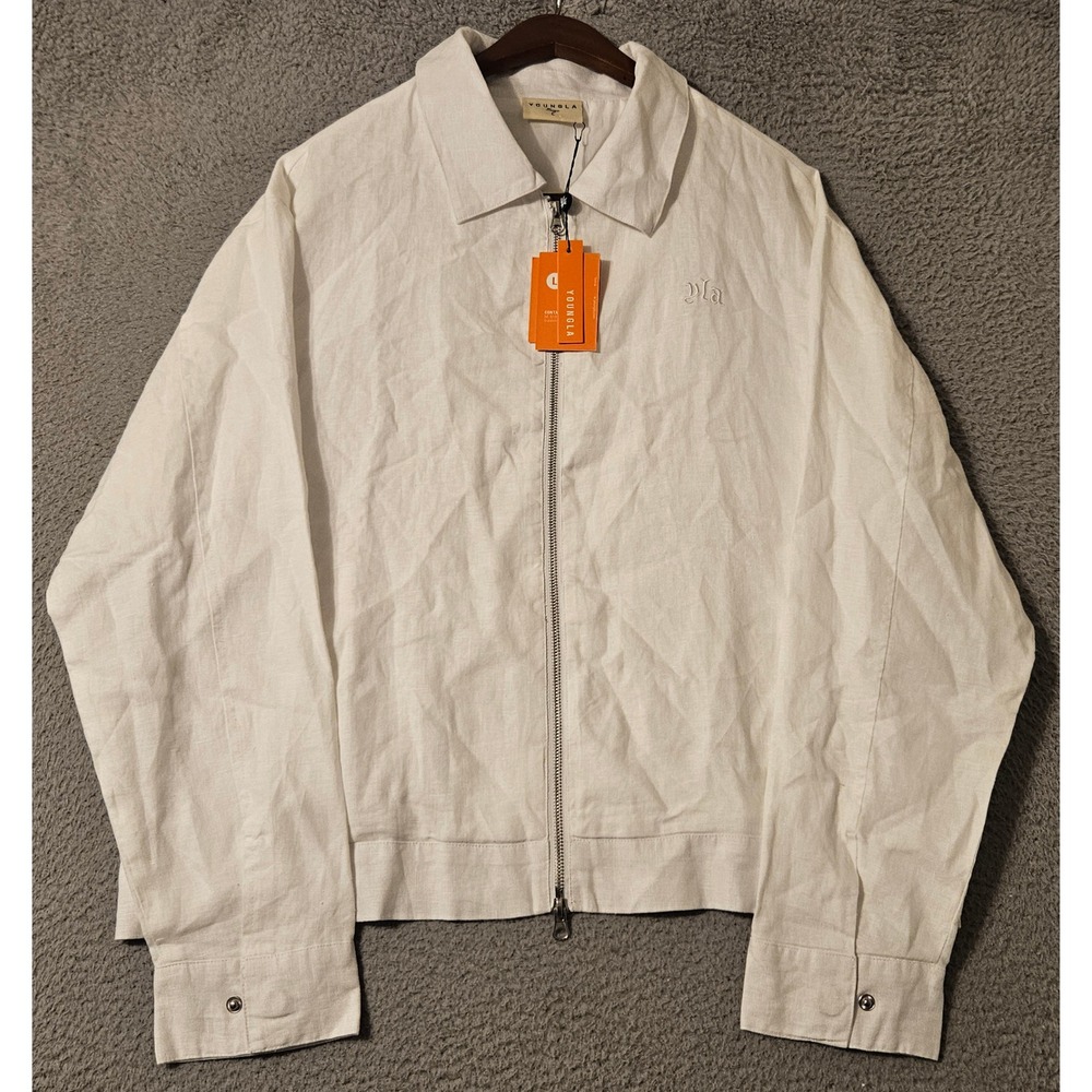 YoungLA Men's White 100% Oxford Linen Full Zip Jacket Model 5122 Large NWT